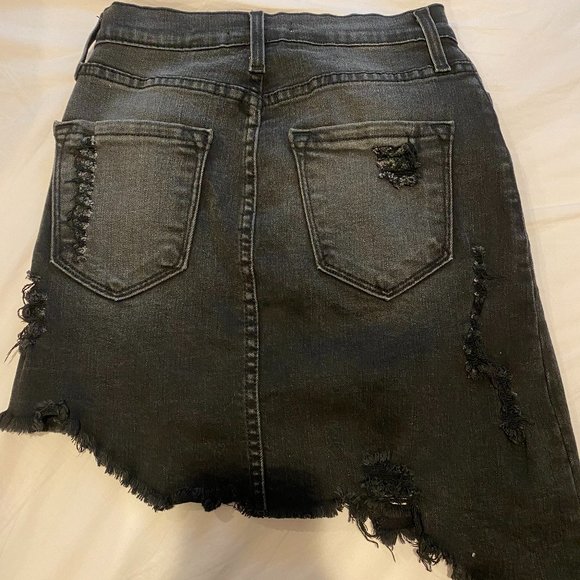 Distressed Black Ripped Asymmetrical Jean Skirt - Picture 2 of 2